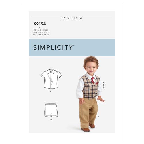 Patron Simplicity, gilet, chemise, short, pantalon, cravate et mouchoir de poche enfant